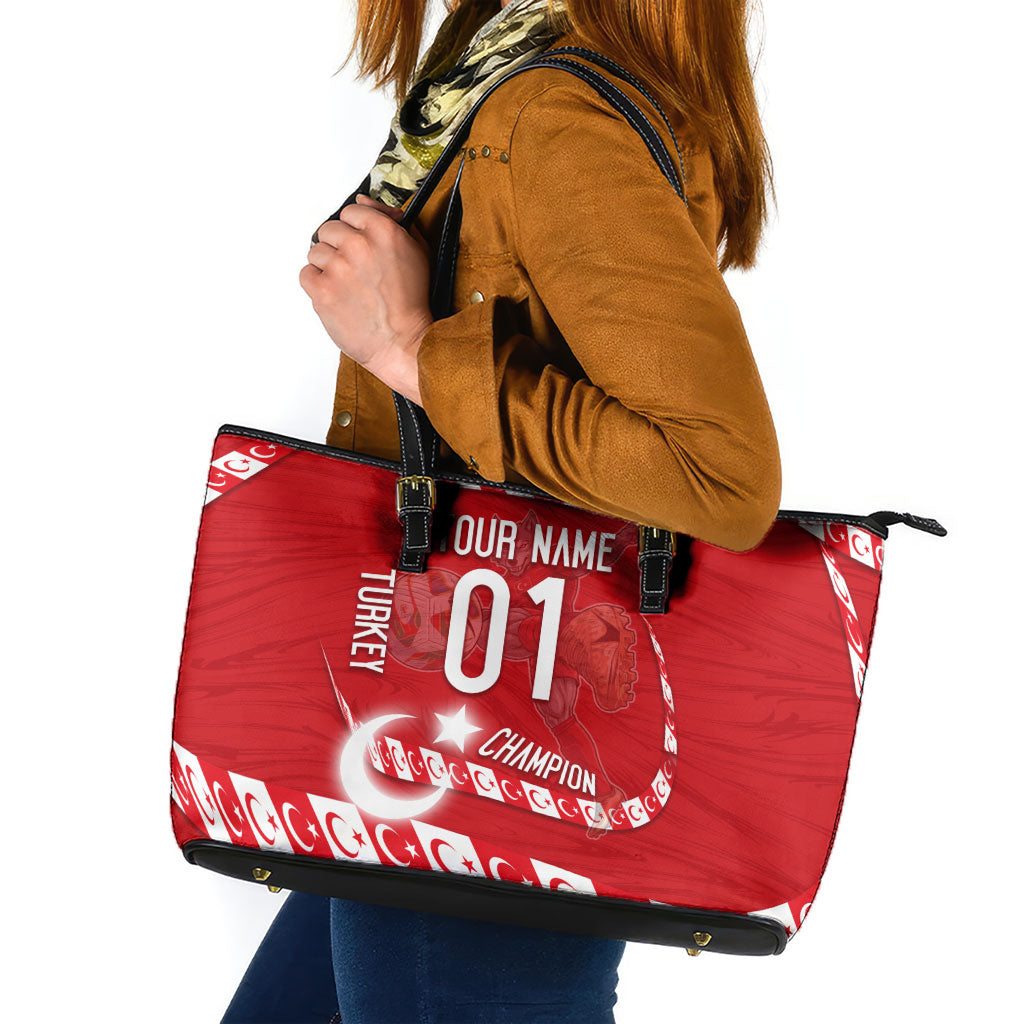 Personalized Turkey Football Bozkurt Mascot Leather Tote Bag Turkish Flag Crescent Moon Red And White Comic Art