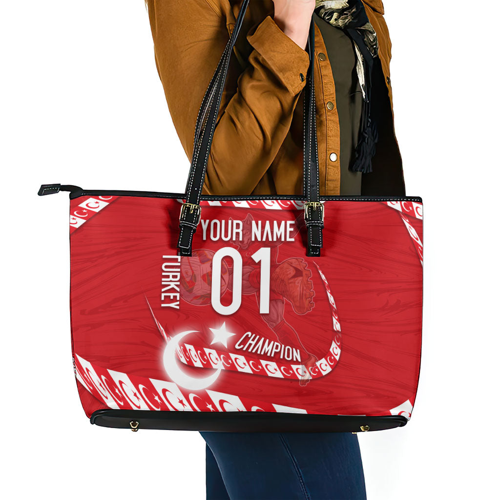 Personalized Turkey Football Bozkurt Mascot Leather Tote Bag Turkish Flag Crescent Moon Red And White Comic Art