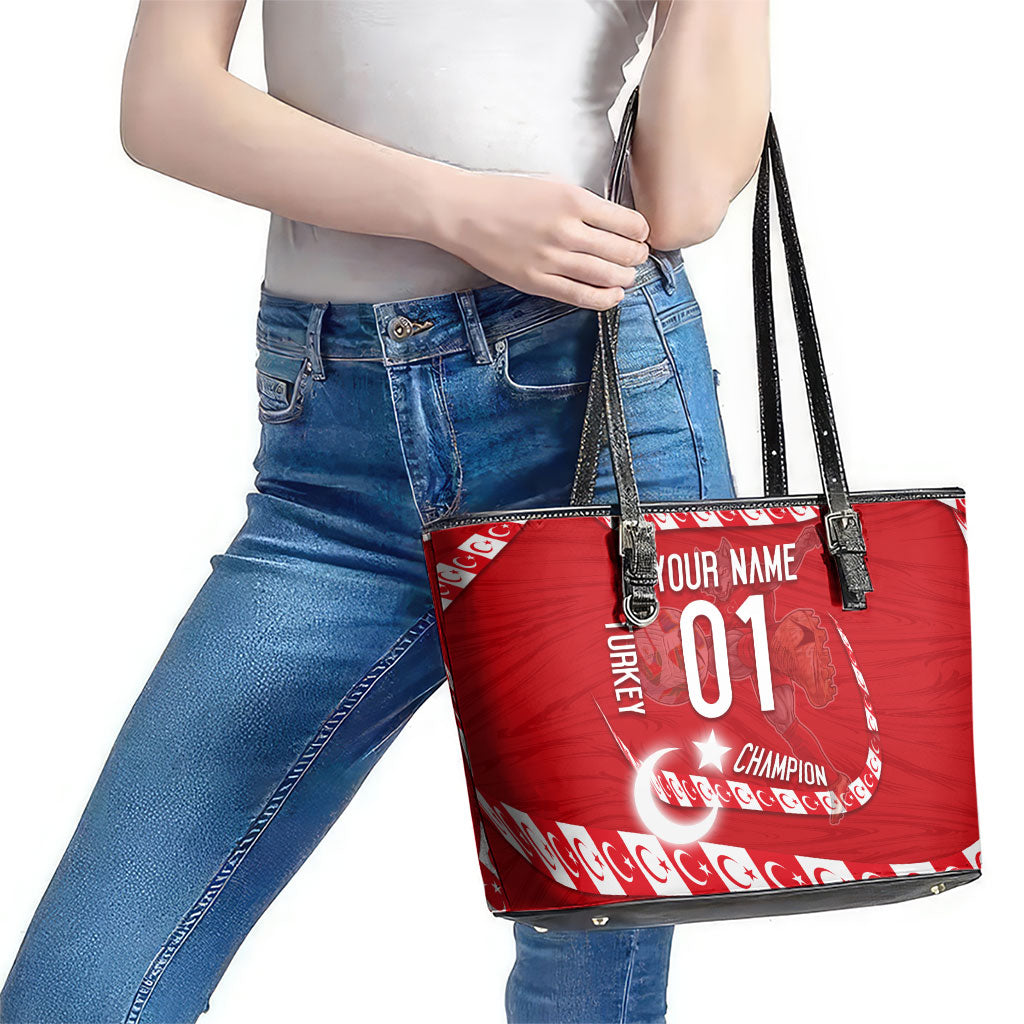 Personalized Turkey Football Bozkurt Mascot Leather Tote Bag Turkish Flag Crescent Moon Red And White Comic Art