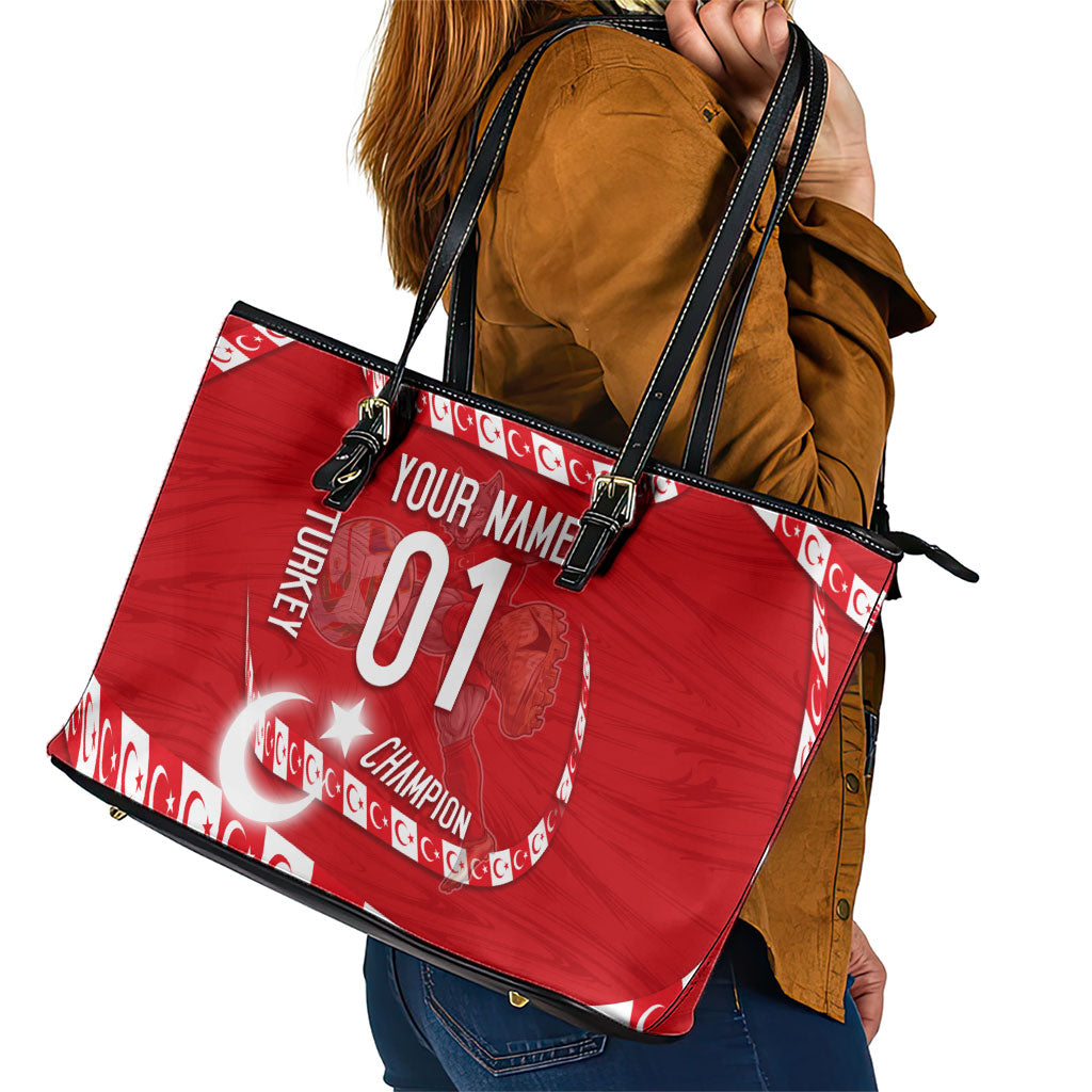 Personalized Turkey Football Bozkurt Mascot Leather Tote Bag Turkish Flag Crescent Moon Red And White Comic Art