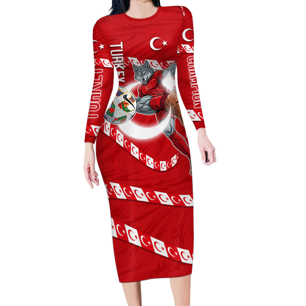 Personalized Turkey Football Bozkurt Mascot Long Sleeve Bodycon Dress Turkish Flag Crescent Moon Red And White Comic Art