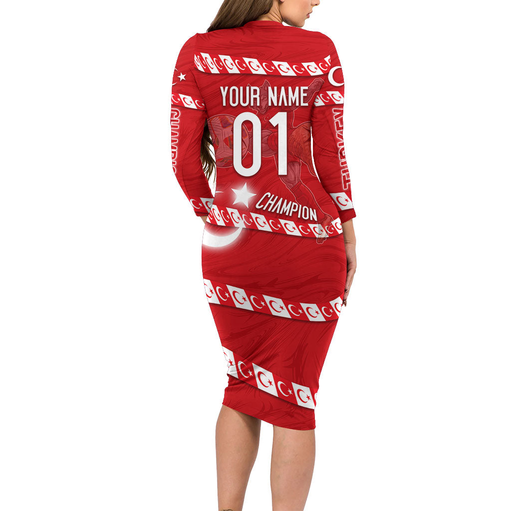 Personalized Turkey Football Bozkurt Mascot Long Sleeve Bodycon Dress Turkish Flag Crescent Moon Red And White Comic Art