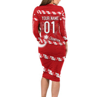 Personalized Turkey Football Bozkurt Mascot Long Sleeve Bodycon Dress Turkish Flag Crescent Moon Red And White Comic Art