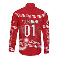 Personalized Turkey Football Bozkurt Mascot Long Sleeve Button Shirt Turkish Flag Crescent Moon Red And White Comic Art