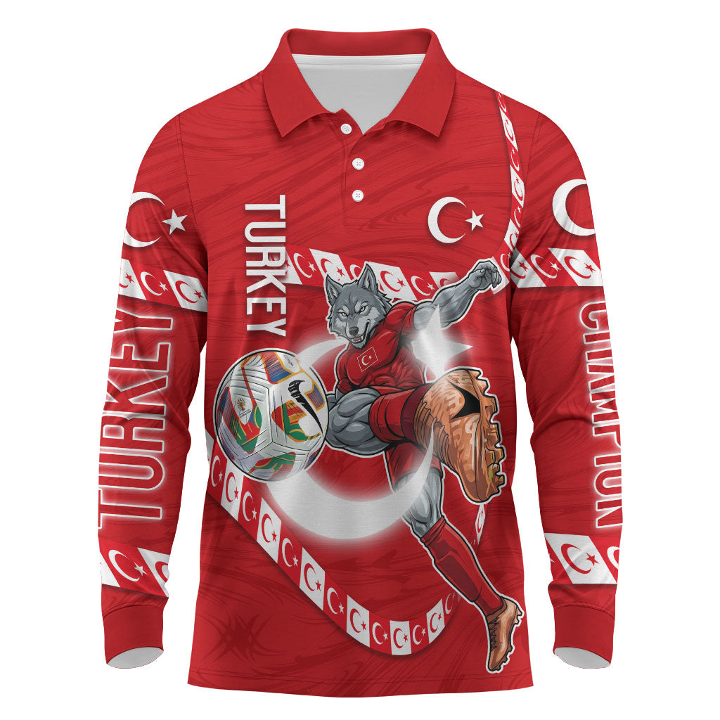 Personalized Turkey Football Bozkurt Mascot Long Sleeve Polo Shirt Turkish Flag Crescent Moon Red And White Comic Art