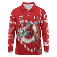 Personalized Turkey Football Bozkurt Mascot Long Sleeve Polo Shirt Turkish Flag Crescent Moon Red And White Comic Art
