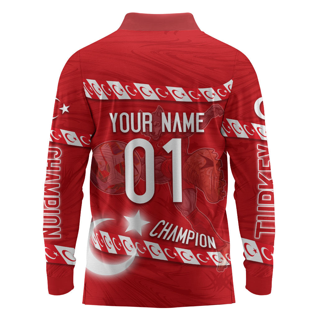 Personalized Turkey Football Bozkurt Mascot Long Sleeve Polo Shirt Turkish Flag Crescent Moon Red And White Comic Art