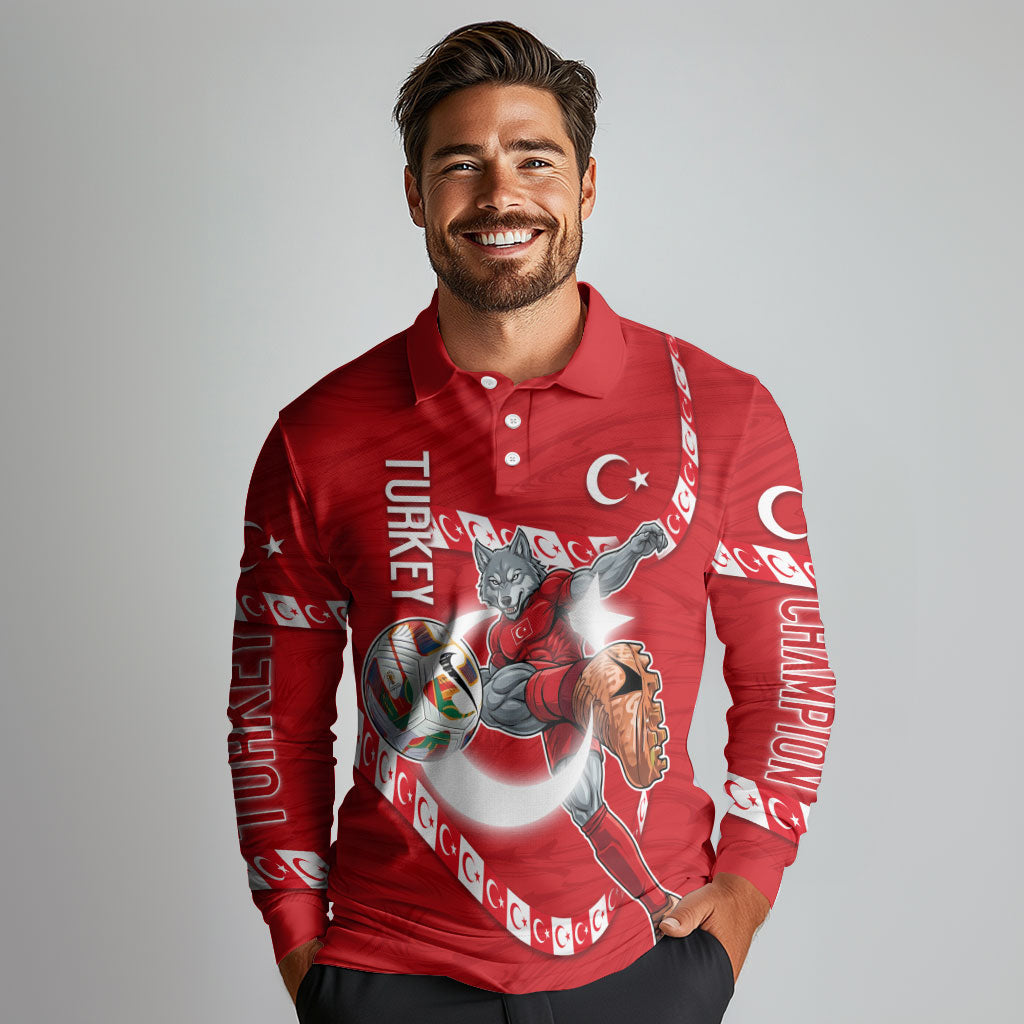 Personalized Turkey Football Bozkurt Mascot Long Sleeve Polo Shirt Turkish Flag Crescent Moon Red And White Comic Art