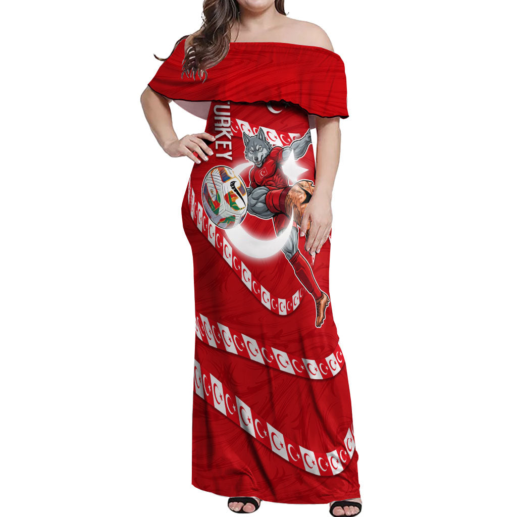 Personalized Turkey Football Bozkurt Mascot Off Shoulder Maxi Dress Turkish Flag Crescent Moon Red And White Comic Art