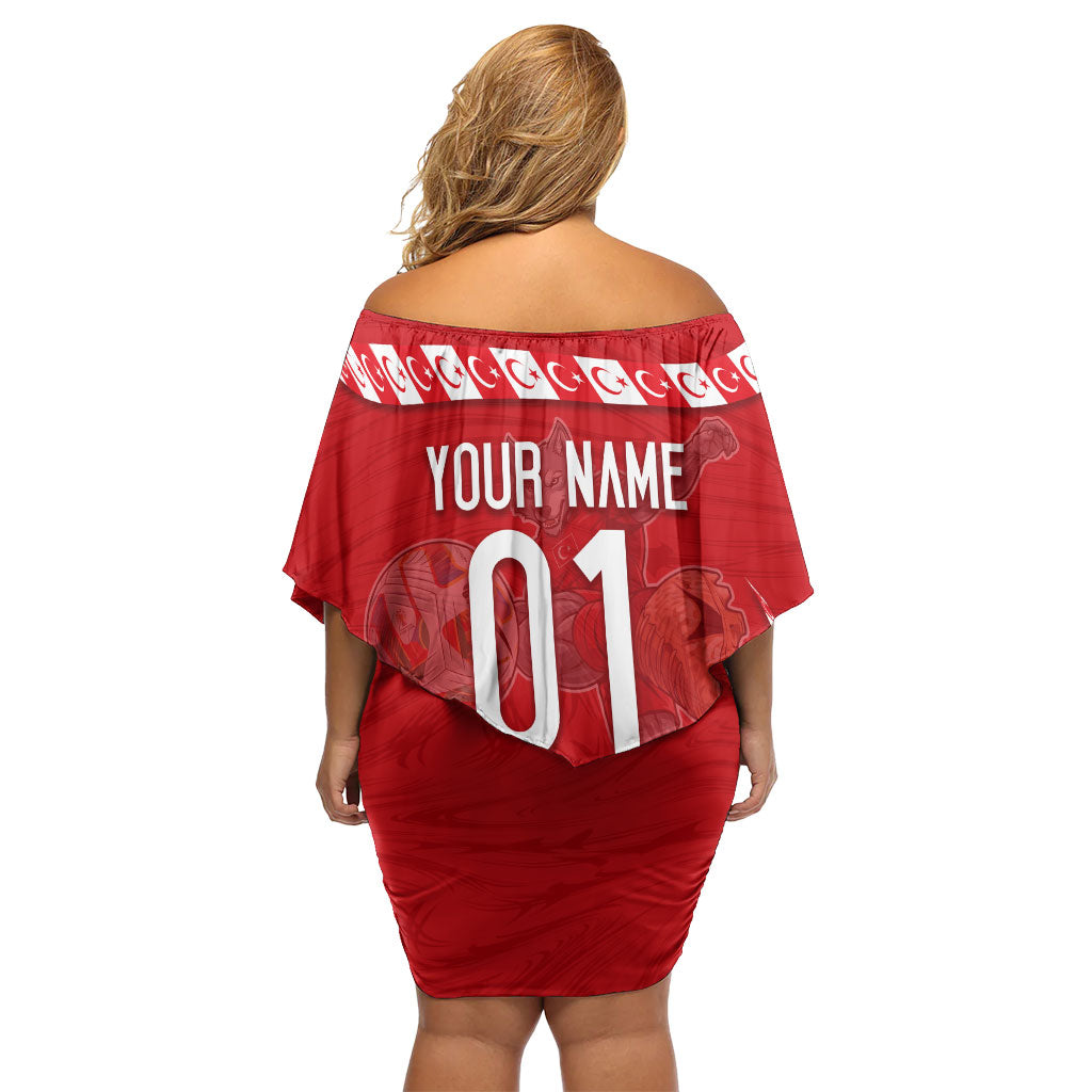 Personalized Turkey Football Bozkurt Mascot Off Shoulder Short Dress Turkish Flag Crescent Moon Red And White Comic Art