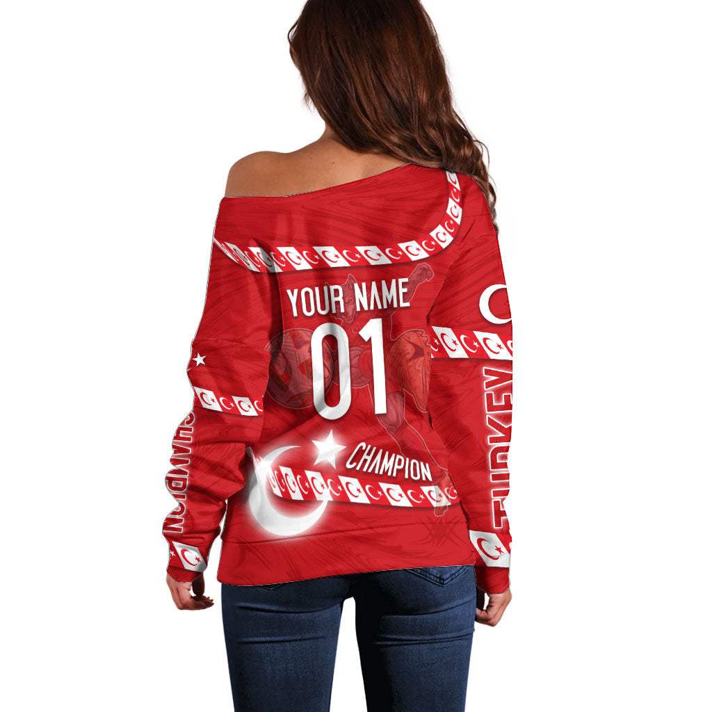 Personalized Turkey Football Bozkurt Mascot Off Shoulder Sweater Turkish Flag Crescent Moon Red And White Comic Art