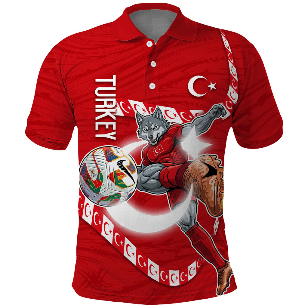 Personalized Turkey Football Bozkurt Mascot Polo Shirt Turkish Flag Crescent Moon Red And White Comic Art