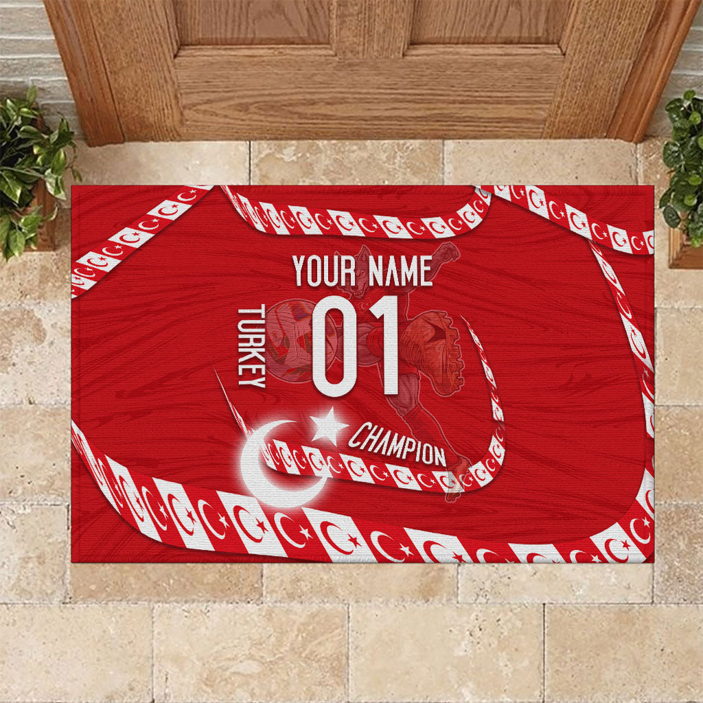 Personalized Turkey Football Bozkurt Mascot Rubber Doormat Turkish Flag Crescent Moon Red And White Comic Art