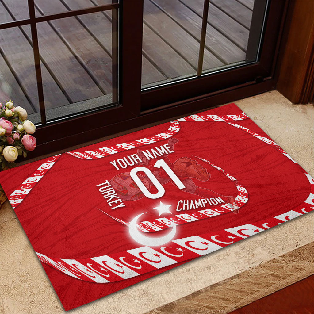 Personalized Turkey Football Bozkurt Mascot Rubber Doormat Turkish Flag Crescent Moon Red And White Comic Art