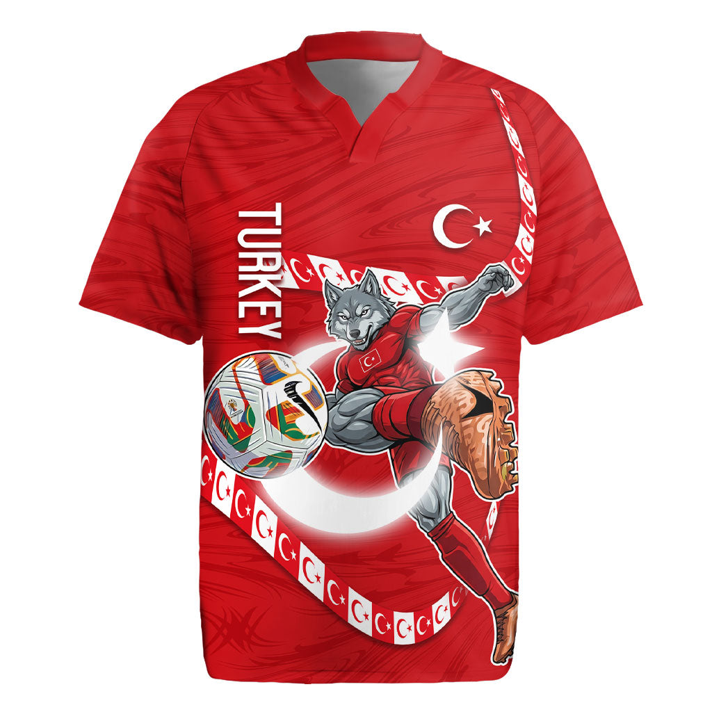 Personalized Turkey Football Bozkurt Mascot Rugby Jersey Turkish Flag Crescent Moon Red And White Comic Art