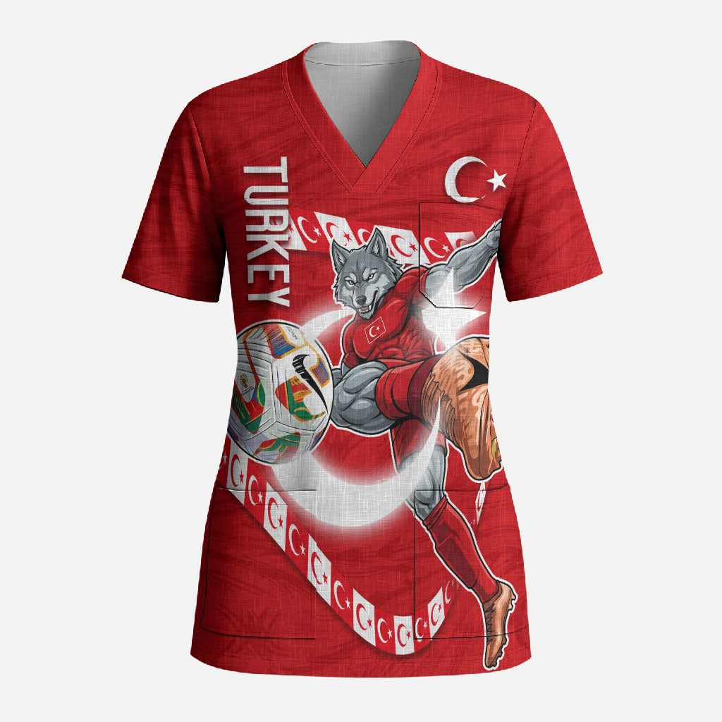 Personalized Turkey Football Bozkurt Mascot Scrub Top Turkish Flag Crescent Moon Red And White Comic Art