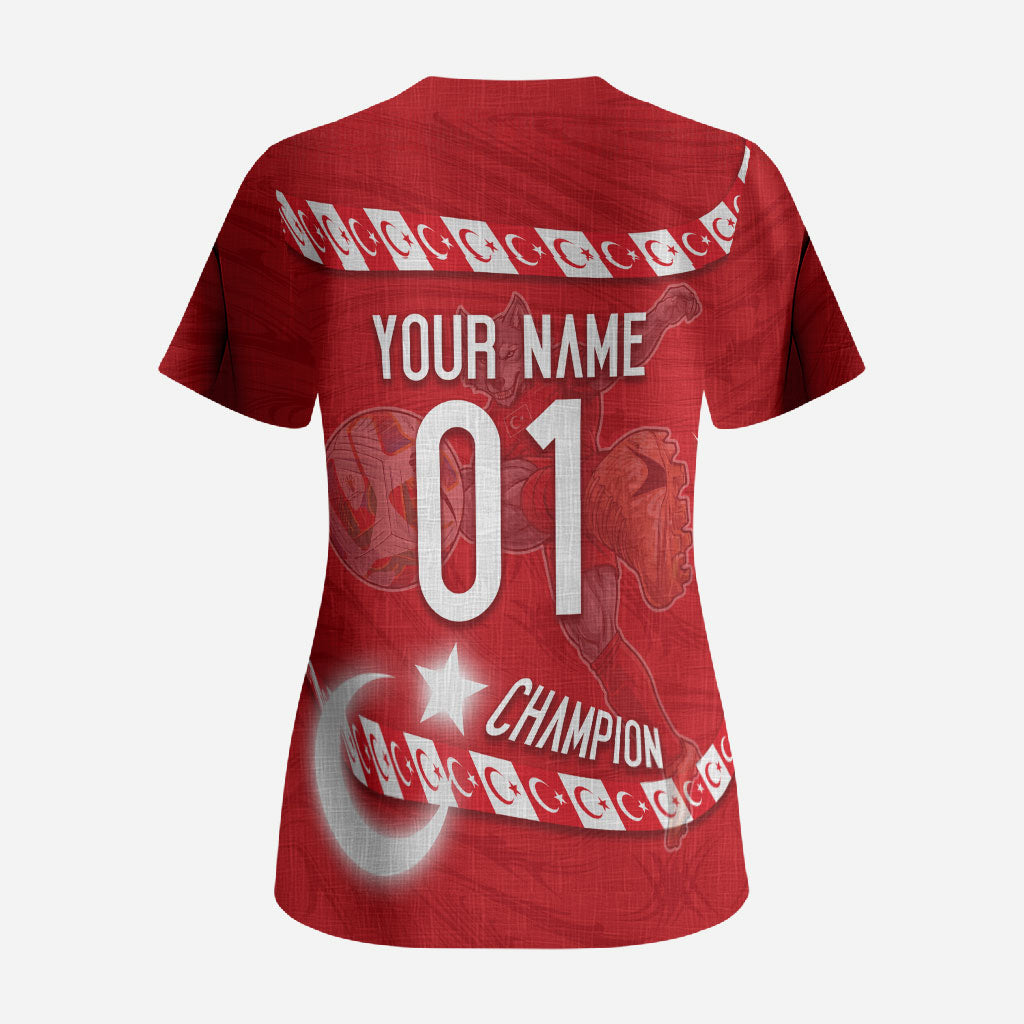 Personalized Turkey Football Bozkurt Mascot Scrub Top Turkish Flag Crescent Moon Red And White Comic Art