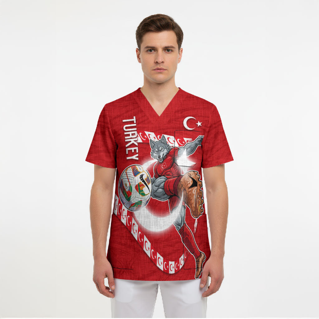 Personalized Turkey Football Bozkurt Mascot Scrub Top Turkish Flag Crescent Moon Red And White Comic Art
