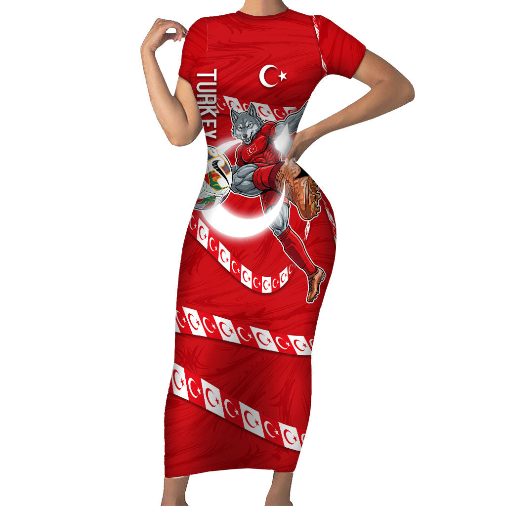 Personalized Turkey Football Bozkurt Mascot Short Sleeve Bodycon Dress Turkish Flag Crescent Moon Red And White Comic Art