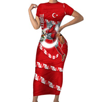 Personalized Turkey Football Bozkurt Mascot Short Sleeve Bodycon Dress Turkish Flag Crescent Moon Red And White Comic Art