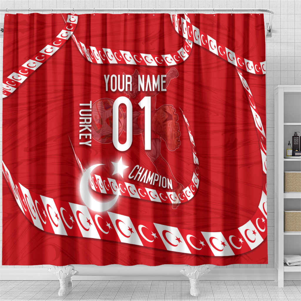 Personalized Turkey Football Bozkurt Mascot Shower Curtain Turkish Flag Crescent Moon Red And White Comic Art