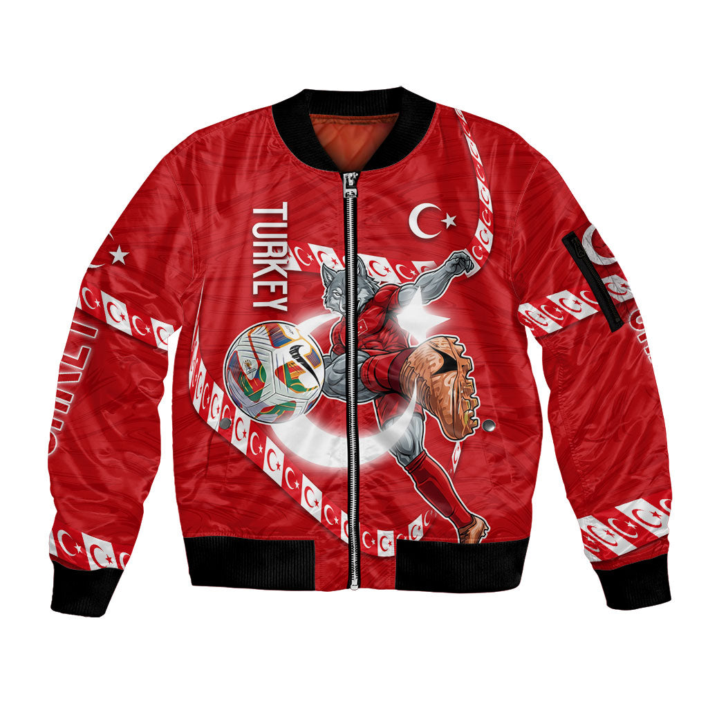 Personalized Turkey Football Bozkurt Mascot Sleeve Zip Bomber Jacket Turkish Flag Crescent Moon Red And White Comic Art