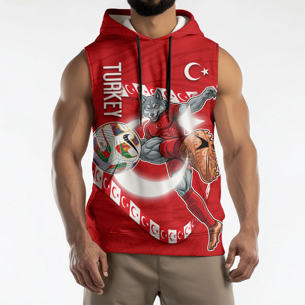 Personalized Turkey Football Bozkurt Mascot Sleeveless Hoodie Turkish Flag Crescent Moon Red And White Comic Art