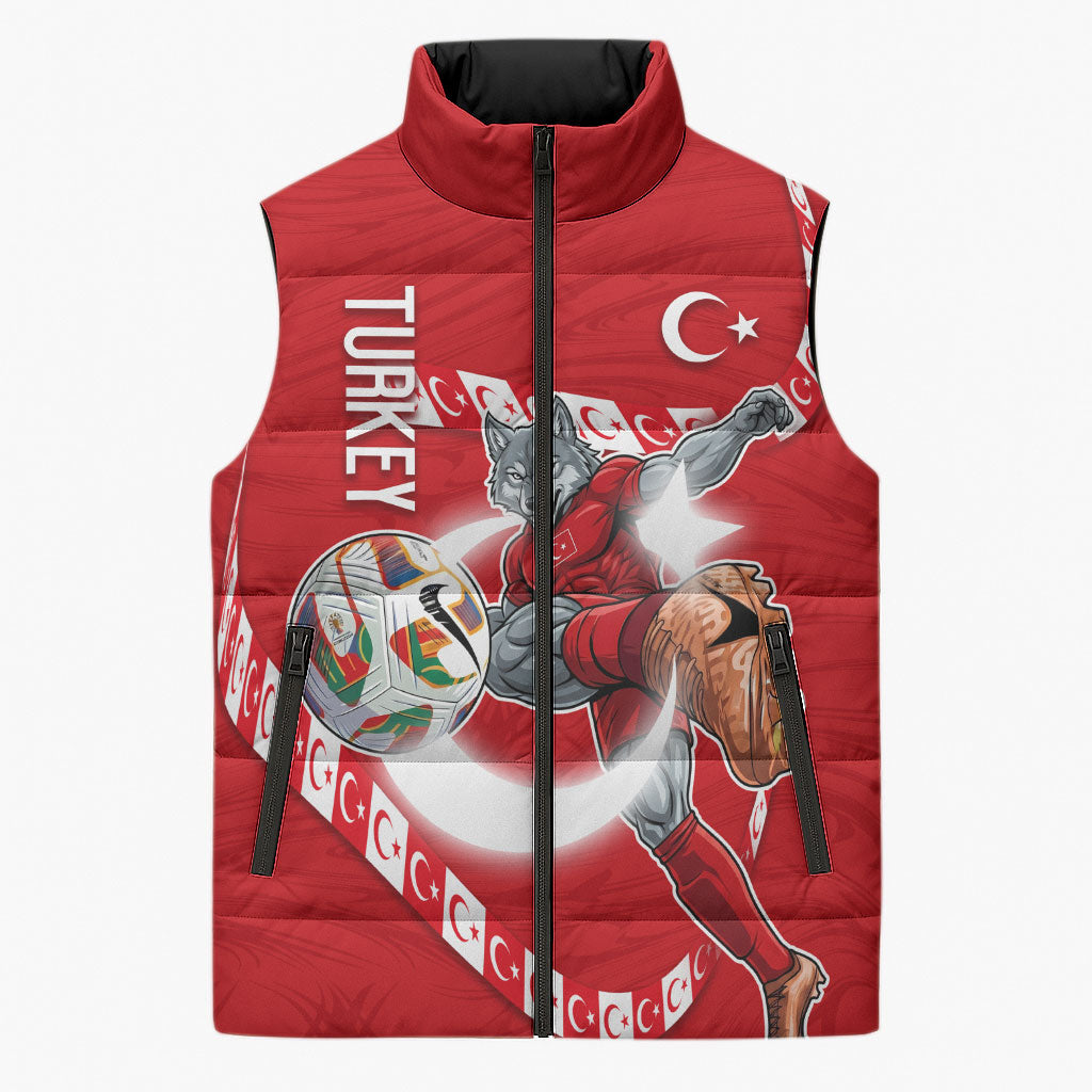 Personalized Turkey Football Bozkurt Mascot Sleeveless Puffer Jacket Turkish Flag Crescent Moon Red And White Comic Art