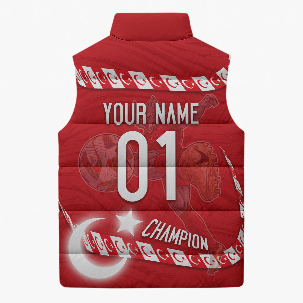 Personalized Turkey Football Bozkurt Mascot Sleeveless Puffer Jacket Turkish Flag Crescent Moon Red And White Comic Art
