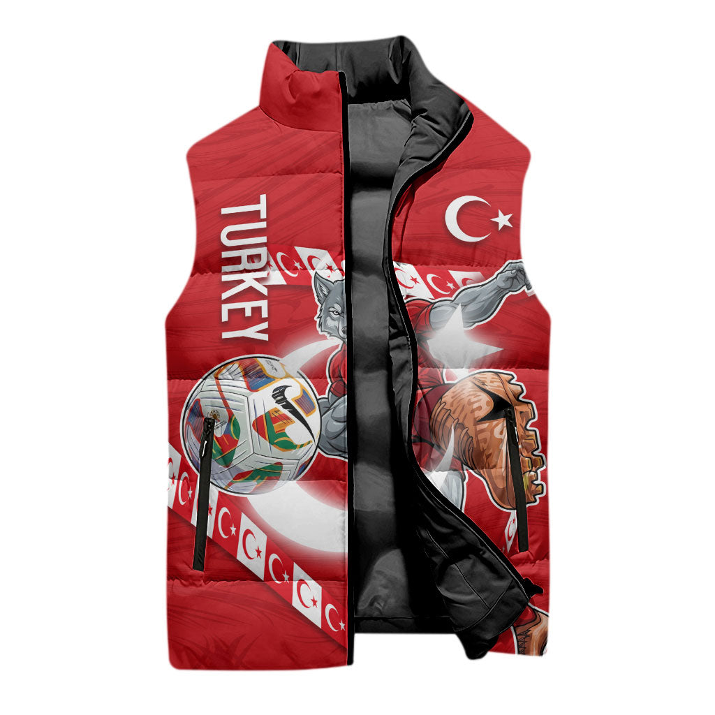 Personalized Turkey Football Bozkurt Mascot Sleeveless Puffer Jacket Turkish Flag Crescent Moon Red And White Comic Art