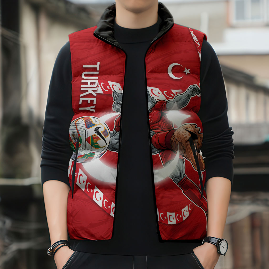 Personalized Turkey Football Bozkurt Mascot Sleeveless Puffer Jacket Turkish Flag Crescent Moon Red And White Comic Art