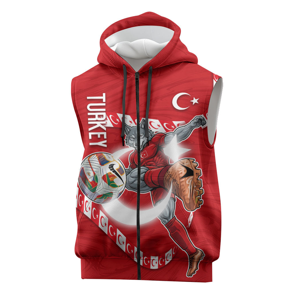 Personalized Turkey Football Bozkurt Mascot Sleeveless Zip Hoodie Turkish Flag Crescent Moon Red And White Comic Art