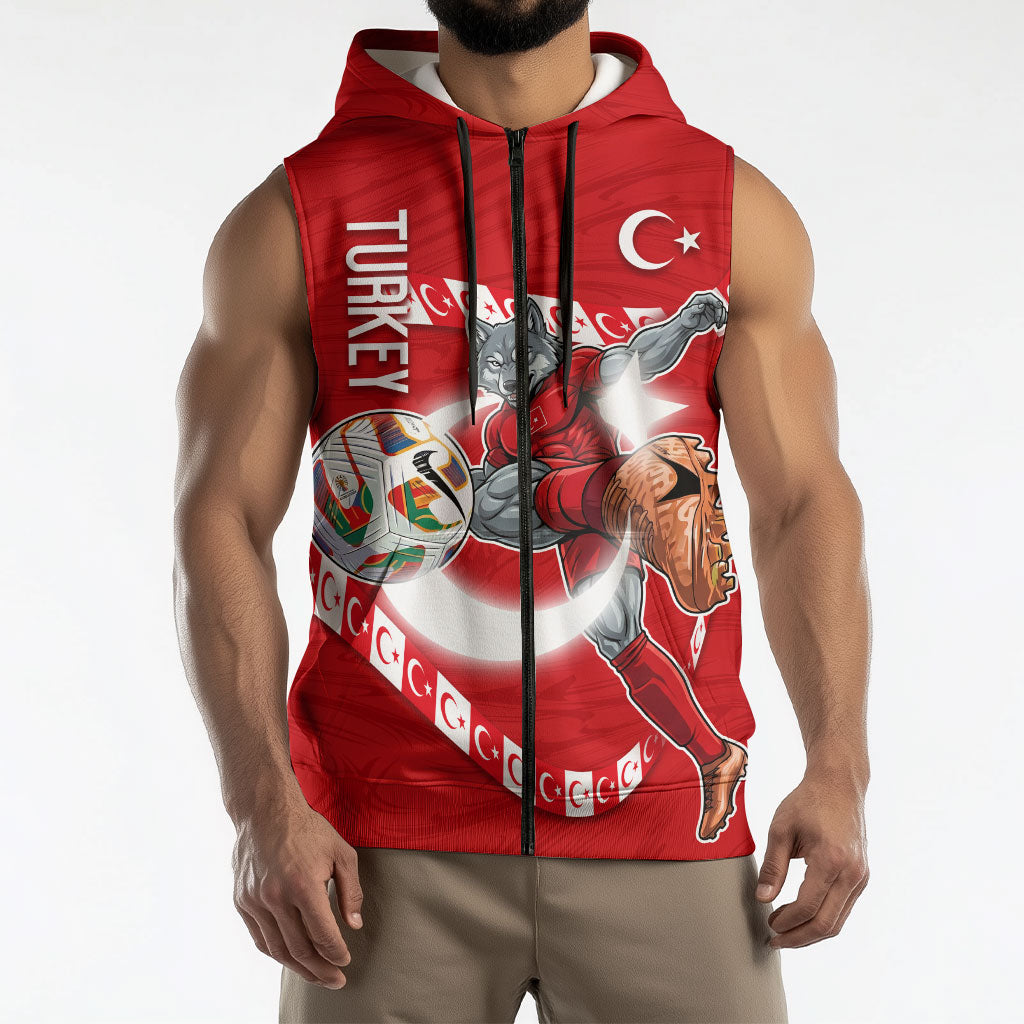Personalized Turkey Football Bozkurt Mascot Sleeveless Zip Hoodie Turkish Flag Crescent Moon Red And White Comic Art