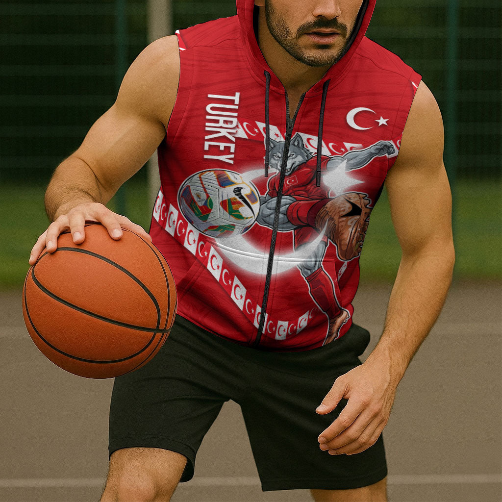 Personalized Turkey Football Bozkurt Mascot Sleeveless Zip Hoodie Turkish Flag Crescent Moon Red And White Comic Art