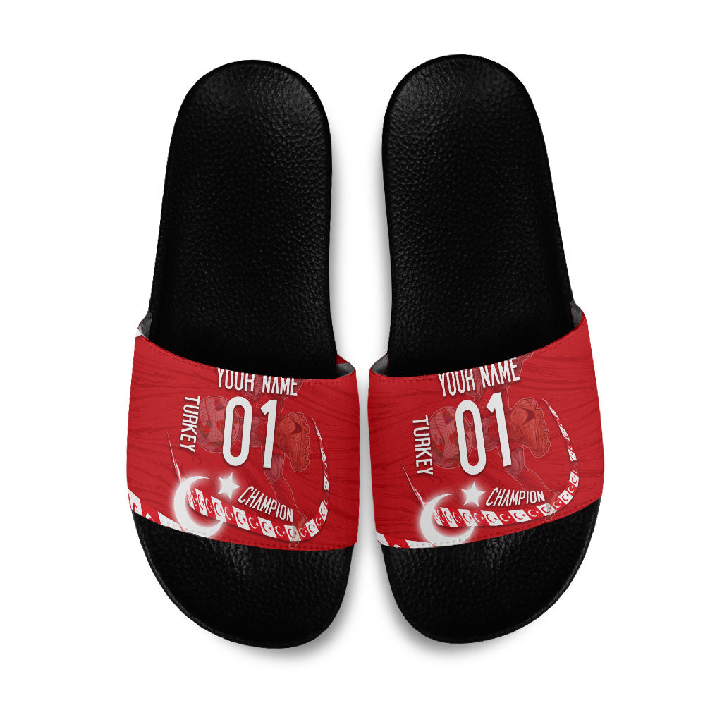Personalized Turkey Football Bozkurt Mascot Slide Sandals Turkish Flag Crescent Moon Red And White Comic Art