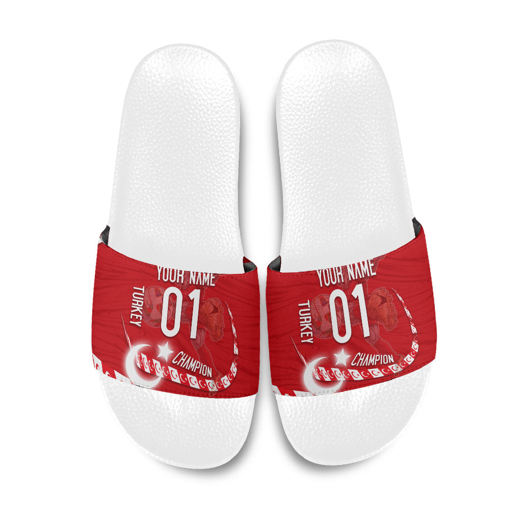 Personalized Turkey Football Bozkurt Mascot Slide Sandals Turkish Flag Crescent Moon Red And White Comic Art