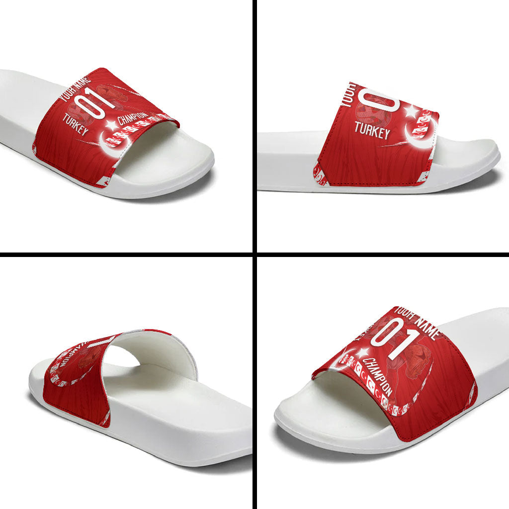 Personalized Turkey Football Bozkurt Mascot Slide Sandals Turkish Flag Crescent Moon Red And White Comic Art