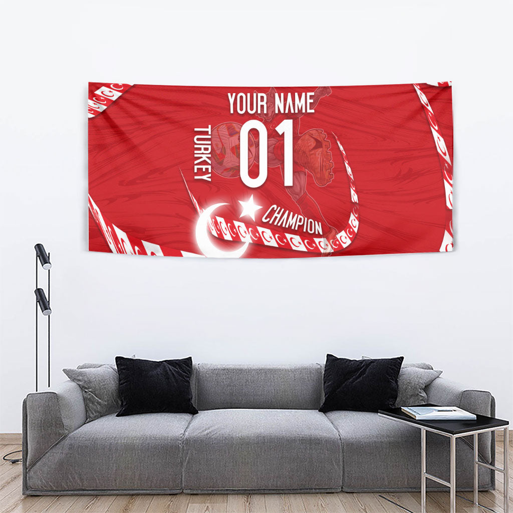 Personalized Turkey Football Bozkurt Mascot Tapestry Turkish Flag Crescent Moon Red And White Comic Art