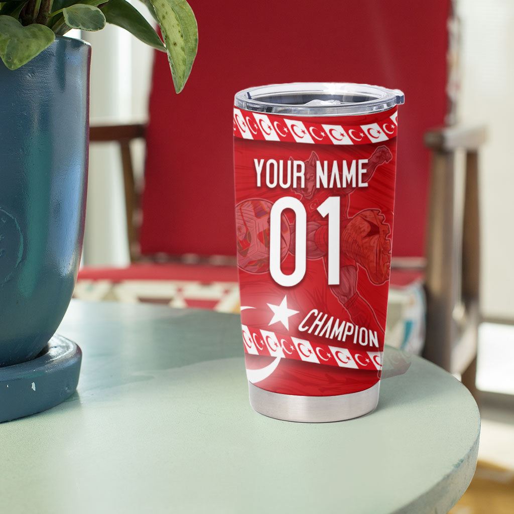 Personalized Turkey Football Bozkurt Mascot Tumbler Cup Turkish Flag Crescent Moon Red And White Comic Art