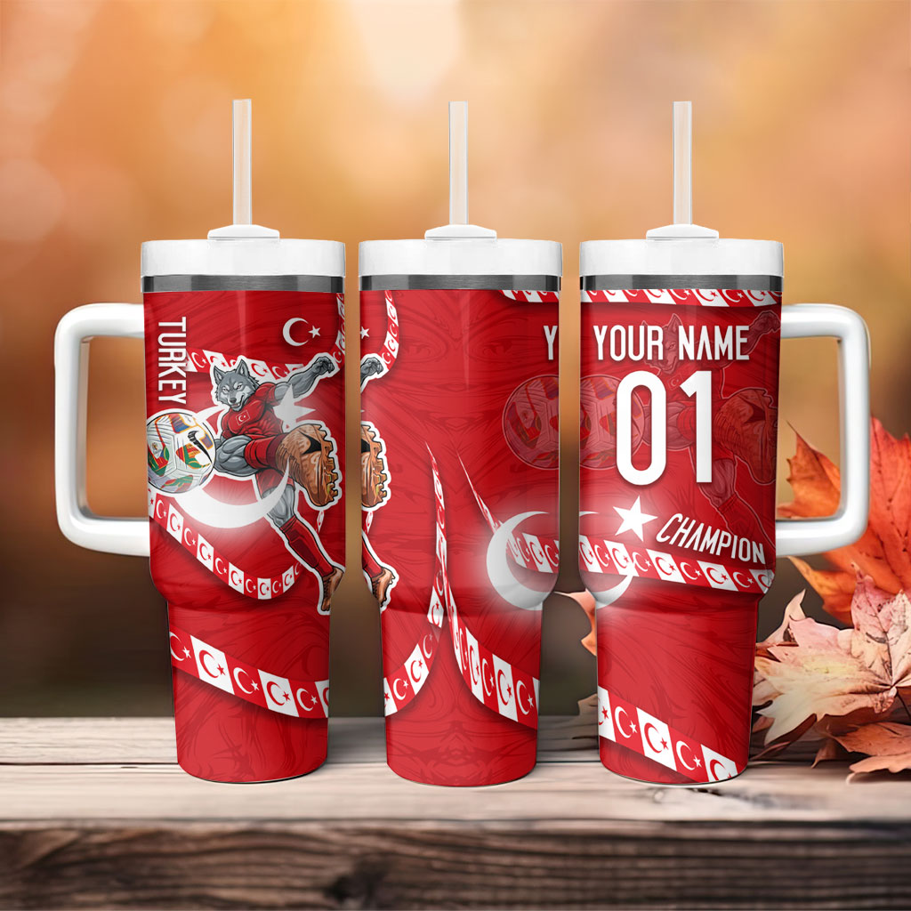 Personalized Turkey Football Bozkurt Mascot Tumbler With Handle Turkish Flag Crescent Moon Red And White Comic Art