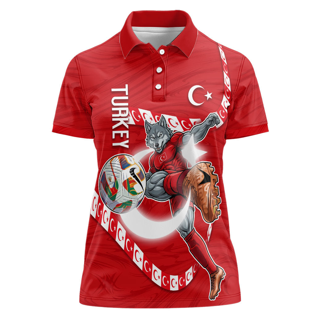 Personalized Turkey Football Bozkurt Mascot Women Polo Shirt Turkish Flag Crescent Moon Red And White Comic Art