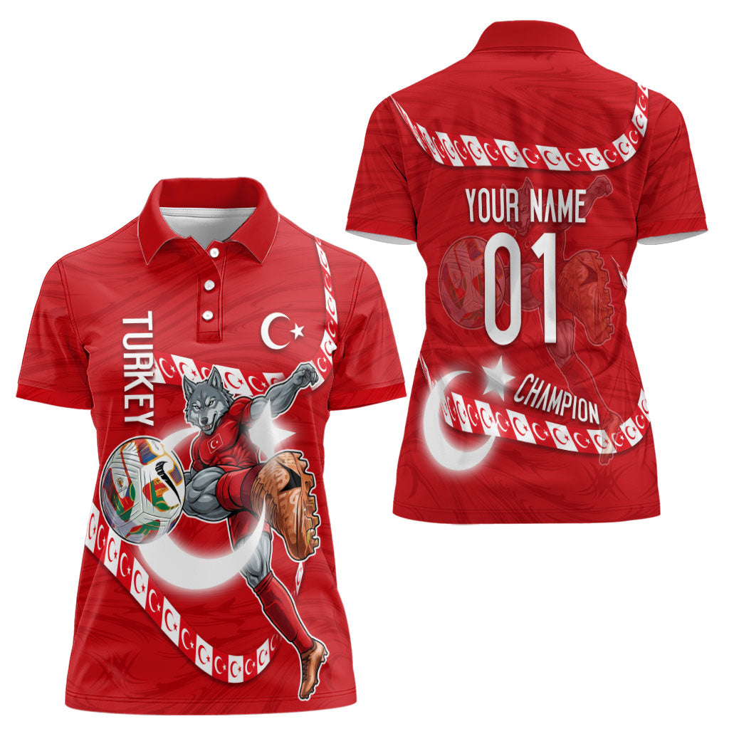 Personalized Turkey Football Bozkurt Mascot Women Polo Shirt Turkish Flag Crescent Moon Red And White Comic Art