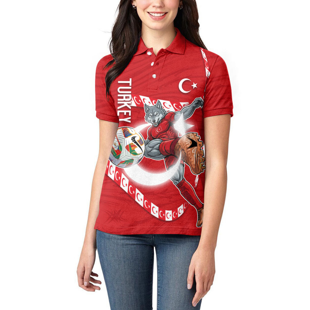 Personalized Turkey Football Bozkurt Mascot Women Polo Shirt Turkish Flag Crescent Moon Red And White Comic Art