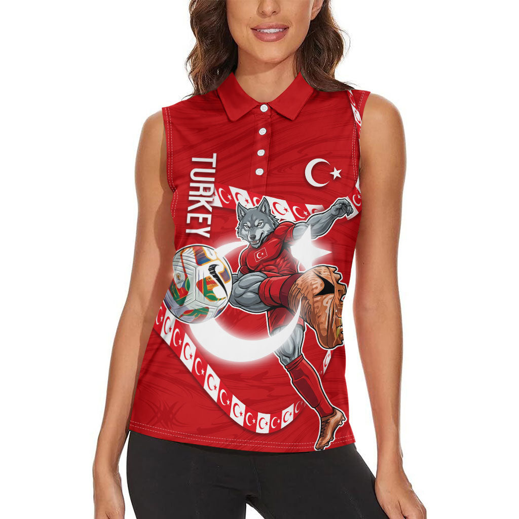 Personalized Turkey Football Bozkurt Mascot Women Sleeveless Polo Shirt Turkish Flag Crescent Moon Red And White Comic Art