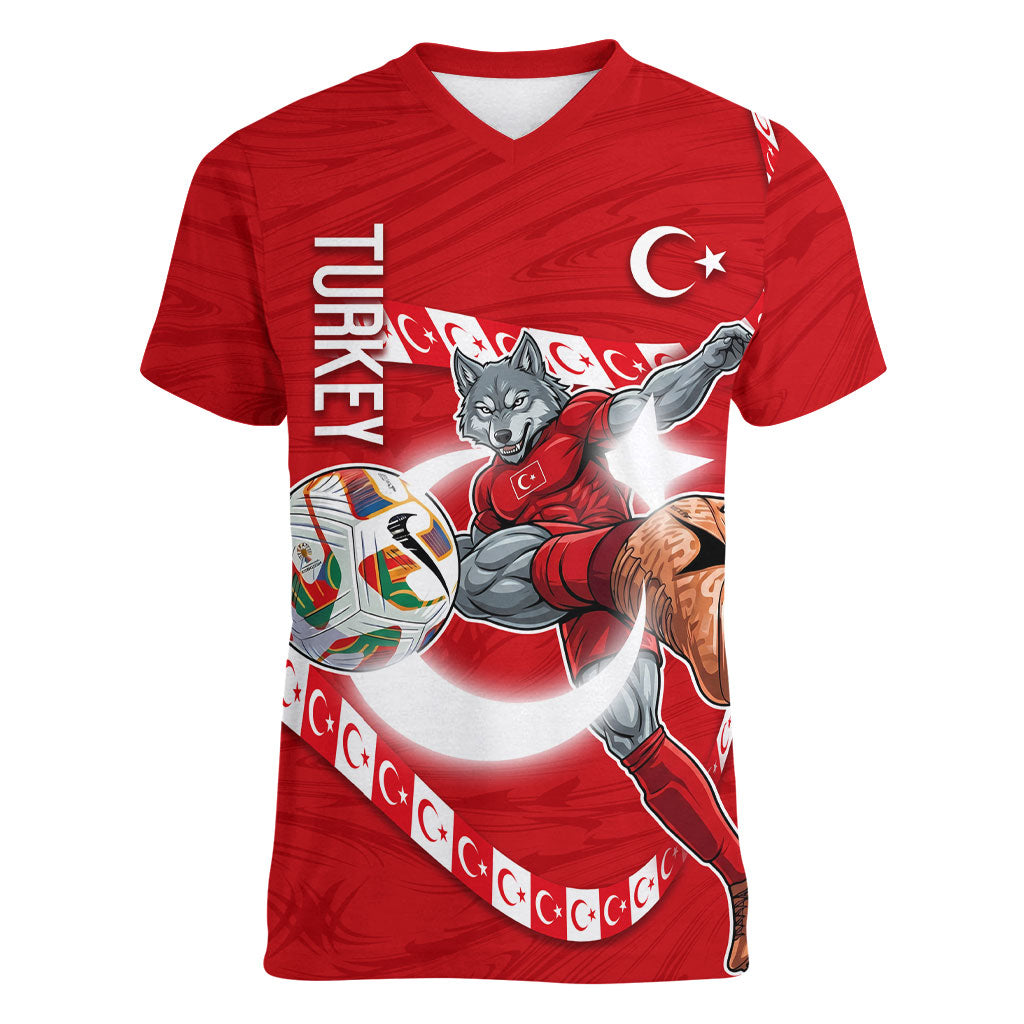 Personalized Turkey Football Bozkurt Mascot Women V-Neck T-Shirt Turkish Flag Crescent Moon Red And White Comic Art