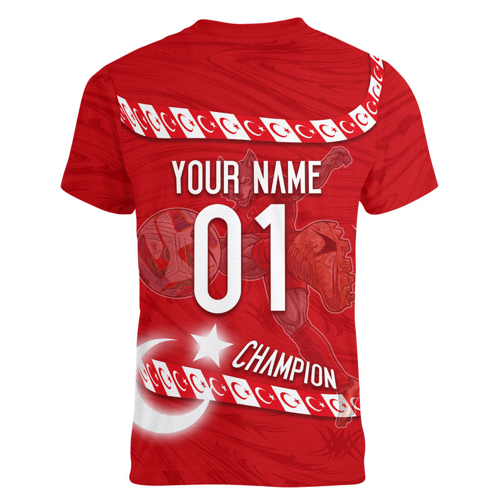Personalized Turkey Football Bozkurt Mascot Women V-Neck T-Shirt Turkish Flag Crescent Moon Red And White Comic Art