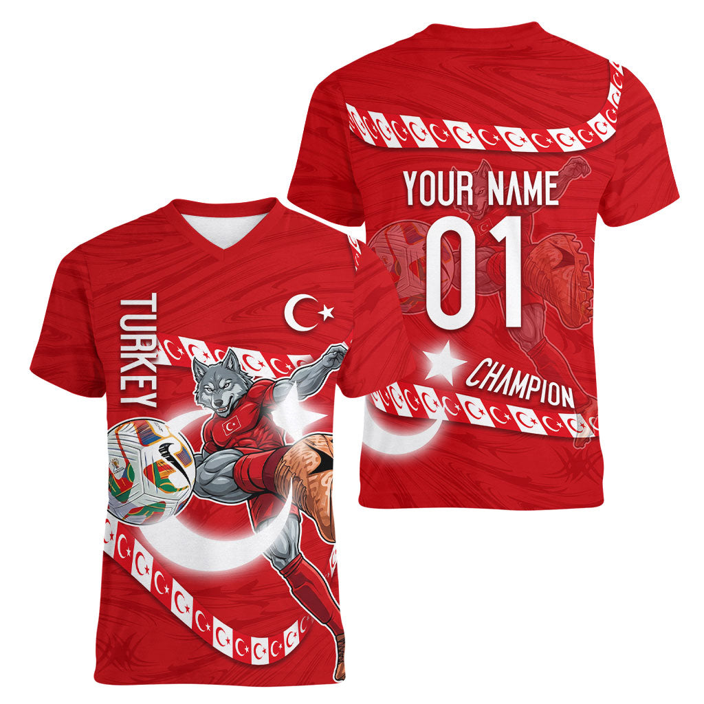 Personalized Turkey Football Bozkurt Mascot Women V-Neck T-Shirt Turkish Flag Crescent Moon Red And White Comic Art