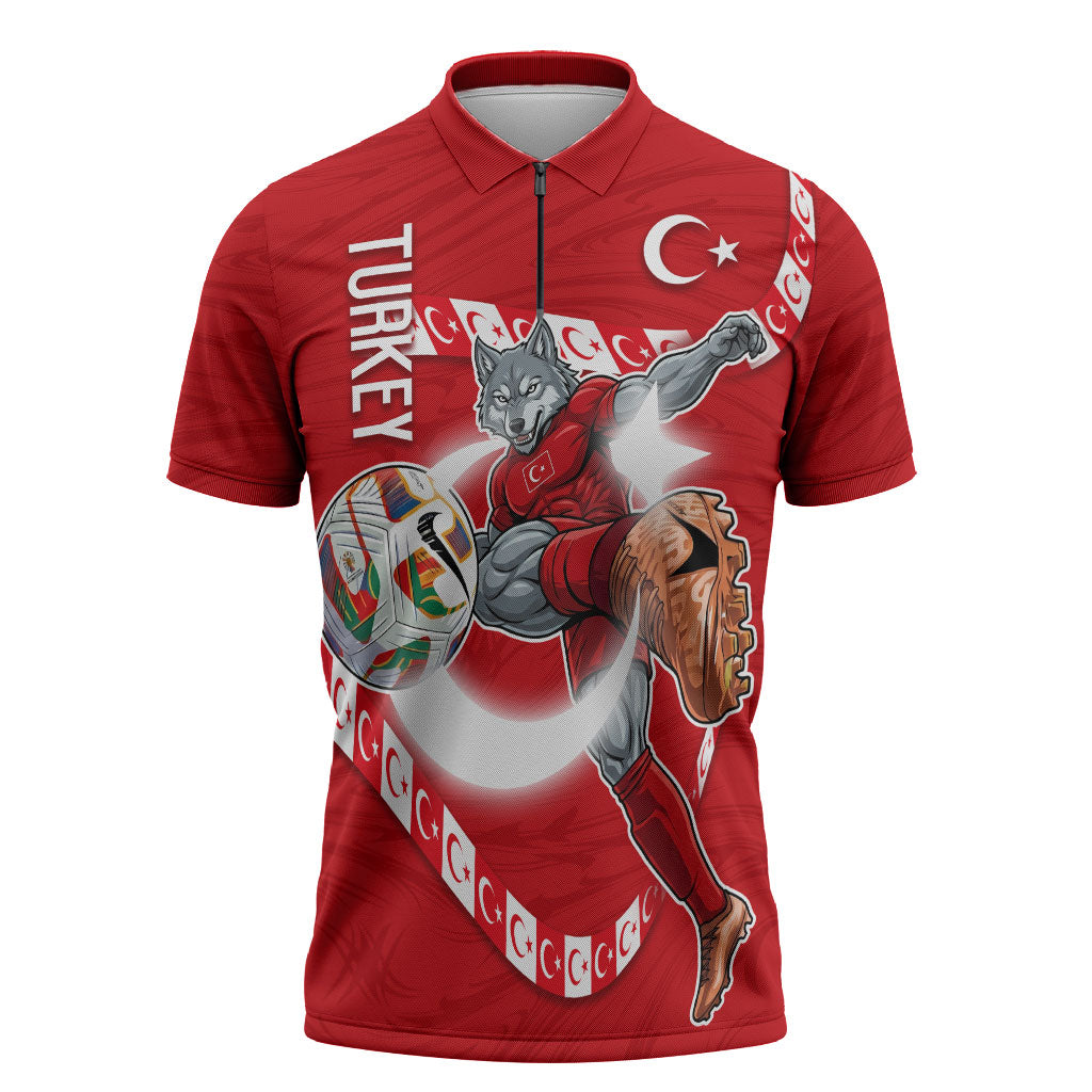 Personalized Turkey Football Bozkurt Mascot Zipper Polo Shirt Turkish Flag Crescent Moon Red And White Comic Art