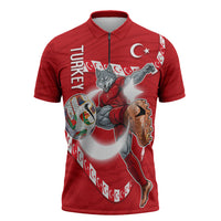 Personalized Turkey Football Bozkurt Mascot Zipper Polo Shirt Turkish Flag Crescent Moon Red And White Comic Art