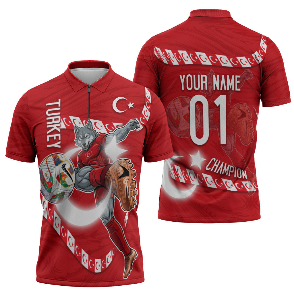 Personalized Turkey Football Bozkurt Mascot Zipper Polo Shirt Turkish Flag Crescent Moon Red And White Comic Art